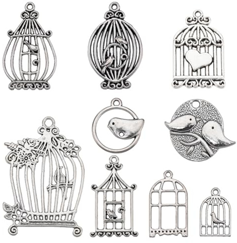 SUNNYCLUE 1 Box 54 Stück 9 Stile Vogel Charms Große Tier Charms Frühlingshaus Antik Silber Tibetische Legierung Vogelkäfig Charm Für Schmuckherstellung Charms Zubehör DIY Halsketten Armbänder Ohrringe