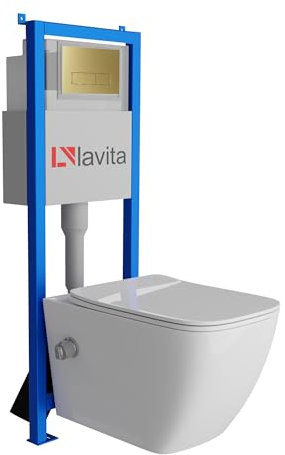 Lavita LAV 101 Vorwandelement für WC 40cm + Wand Hänge Tiefspül WC PARANA Weiß Spülrandlos + Bedienplatte LAV 200.3.5 Gold | Komplettset | Unterputz Spülkasten | Toilette Komplett Sett
