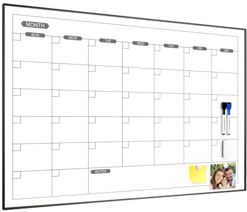 ARCOBIS Trockenlöschbarer Kalender für die Wand, 90 x 60 cm, magnetischer, monatlicher Whiteboard-Kalender, trocken abwischbarer, tragbarer hängender Whiteboard-Planer für To-Do-Liste, Schwarz
