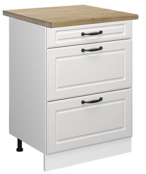 Vicco Küchenunterschrank R-Line, Weiß Landhaus, 60 cm | MDF-Front · AP Eiche inkl. · Höhenverstellbare Füße · Metallgriffe · ✓ Frei kombinierbar