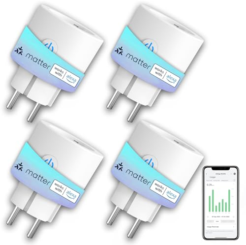 ANTELA Prise Connectée Matter 16A WiFi Mesure de Consommation Électrique Compatible avec Alexa, Google Home, SmartThings, Homekit, Smart Life APP, Horaires et Minuterie,4PCs Blanc