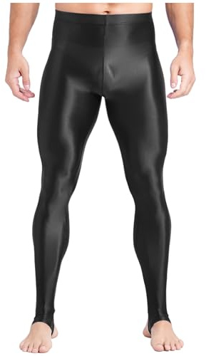 Fldy Mens Plus Size Oily Glossy Stirrup Leggings High Waist Tummy Control Tights Gym Workout Pants Black XL
