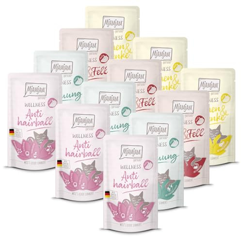MjAMjAM - Cibo umido premium per gatti - Wellness Wellbeing Pack Manzo, 12 confezioni (12 x 125 g), senza cereali con carne extra