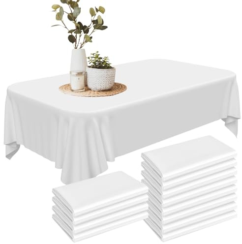 12 Pack White Table Cloth, 54x108”(137x274cm) Disposable Tablecloths Plastic Rectangle Table Covers Tablecloth,White Plastic Table Cloth for Indoor or Outdoor Parties Birthdays Weddings Picnics