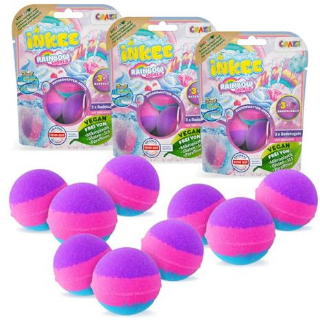 INKEE Pack Color Rainbow World - 9 confezioni di bombe da bagno profumate per bambini, 9x palline da bagno con 3 diversi strati colorati (rosa, viola e blu), zucchero filato e profumo di olio di argan