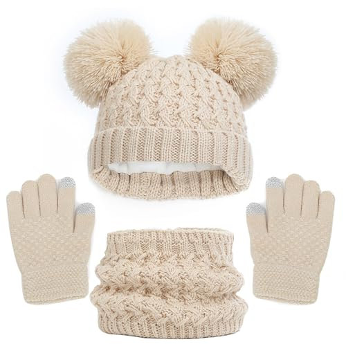 WANYI Mütze Schal Set Mädchen, Wintermütze Kinder Beanie Mütze Schal Handschuhe Set Mützen Jungen Warme Bommelmütze Strickmütze mit Weichem Innenfutter für Kinder 1-6 Jahre (Beige)