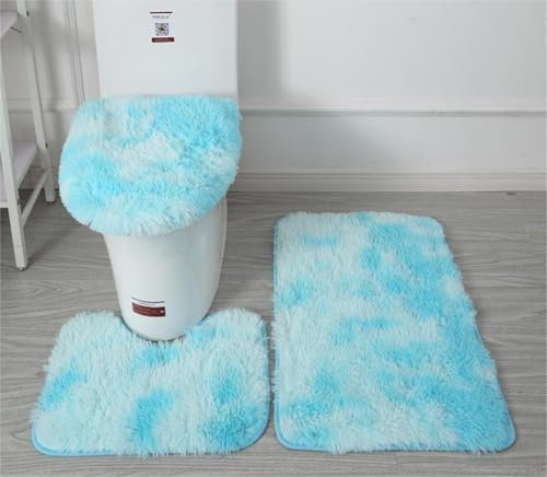 Soft Microfiber Bathroom Rugs Sets 3 Piece,Non-Slip Bath Mat Fluffy Plush Toilet Seat Cover for Bathroom,Water Absorbent Bathmat,Machine Washable (Light Blue)