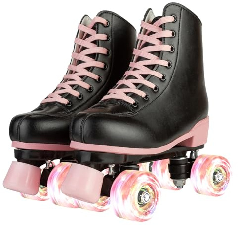 XUDREZ Roller Skates for Girls and Women, Stylish Black PU Leather Roller Skates with Pink Light Up Wheels, Indoor Outdoor Roller Skates for Youth Kids Girls Ages 8-12