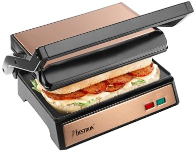 Bestron Parrilla de contacto eléctrica con sumidero, sándwichera con asa fría al tacto y apertura de 180°, revestimiento antiadherente, colección de cobre, color cobre