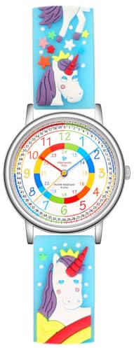 Alienwork Licorne Fille Montre Pédagogique Apprendre l'Heure Enfants Fille Argent Bracelet Turquoise Multicolore Enfants Résistant à l'eau 5 ATM Temps d'apprentissage