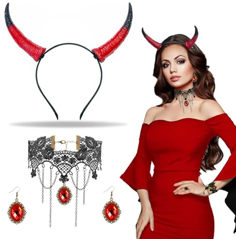 Hifot Abnehmbare Hörner Kopfschmuck Maleficent Kostüm Damen Schwarze Ziege Teufelshörner Königin Hörner Haarreif Gothic Halskette Spitze Kristall Ohrringe Teufel Halloween Kostüm für Karneval Cosplay