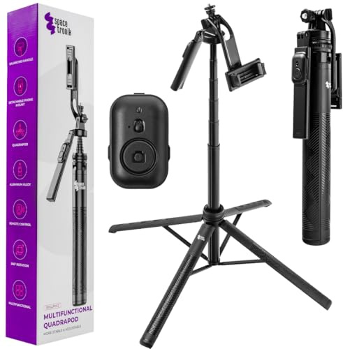 Spacetronik Selfie Stick Stativ mit 4-Bein-Stütze | 180cm Höhenverstellbar, Bluetooth Fernbedienung, Selfiestick Kompatibel mit iPhone, Samsung, Android Smartphones & Kameras
