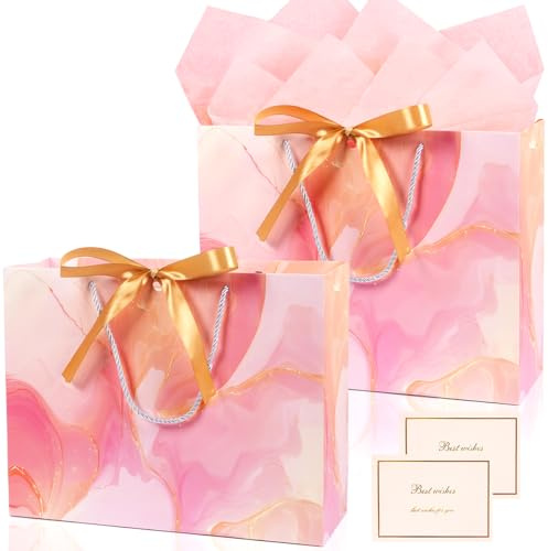2 Stück Geschenktüten groß, Rosa Geschenktüten Set mit Seidenpapier und Grußkarte, Rosa Gold Papiertüten Mitgebsel mit Henkel, Geschenktaschen für Geburtstag, Party, Hochzeit, Feier