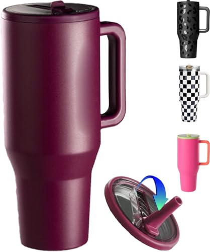 ZHUIYIWIN Mugg med handtag och sugrör, vattenflaska, kaffekopp för kalla eller varma drycker, vakuumisolerad dubbelväggig vakuumisolerad mugg med lock (tranbär, 40 oz)