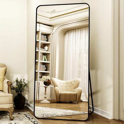 XRAMFY 76x34 Floor Full Length Mirror Standing Full Body Rounded Corner Rectangle Mirrors with Stand Hanging Wall Mounted Leaning Bedroom Living Room Bedroom Cloakroom,Black
