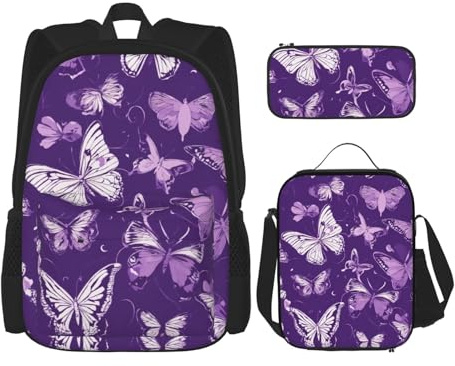 OXKGHHO Juego de mochila de trabajo con estampado floral de mariposas moradas con lonchera aislada, correas ajustables, para gimnasio y uso diario, Negro -, Talla única