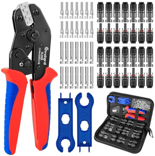 Solar Crimpzange Set 2,5/4/6 mm² (AWG 13-10) PV-Kabel, 1 x Crimpzange Werkzeug, 14 Paar Solarkabelverbinder, 14 Paar Männlich/Weiblich Stecker, 2 x Schraubenschlüssel für Solarstecker Kabel Anschluss