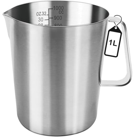 Luobannm Pichet Doseur 1 L en Acier Inoxydable, Verre Doseur en Métal avec Poignée, Graduation en Onces et en ML, Lavable au Lave-Vaisselle, Pot à Lait.