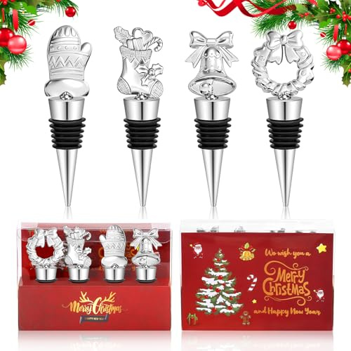 Weinverschluss Weihnachten 4-teilig Set, Zinklegierung Flaschenstopper mit Geschenkbox, Wein Korken als für Weinliebhaber, Gastgeber Geschenk
