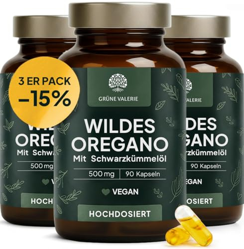 GRÜNE VALERIE® Oregano Öl Kapseln mit Schwarzkümmelöl 270 Stk – 82% Carvacrol Wildes Berg Oreganoöl – 500mg Kapseln vegan & magensaftresistent – laborgeprüft & ohne Zusätze