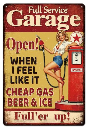 GLOBLELAND Full Service Garage Lady Metal Tin Sign 12x8inch Funny Gas Station Tin Signage Decor Signs Retro Pin Up Woman Wall Metal Plaque for Home Garage Room Bars Shopstore Highway Decoration