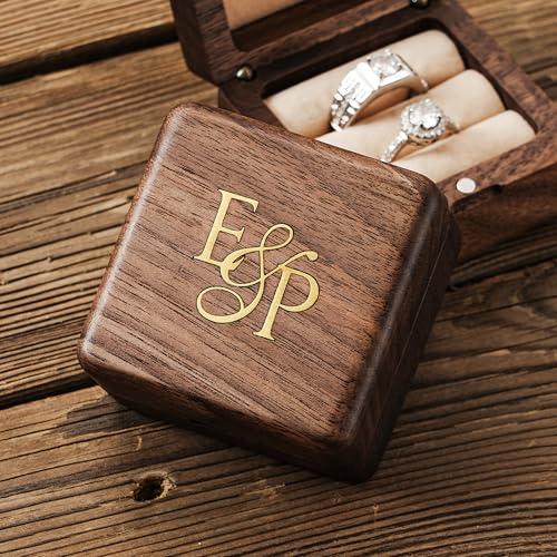 KEMEILA Custom Ring Box with Brass Inlay, Handmade Metal Inlay Ring Box for Wedding, Wooden Engagement Ring Case,Wedding Ring Bearer,Anniversary Brithday Gift