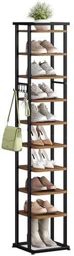HEXCELEN Vertikales Schuhregal, 10 Ebenen Schuhregal, Braun und Schwarz | Schuhregal mit Haken, Verstellbar, Platzsparend, Schuhturm für Wohnzimmer, Eingangsbereich und Flur, 33,4 × 33,4 × 170,6 cm