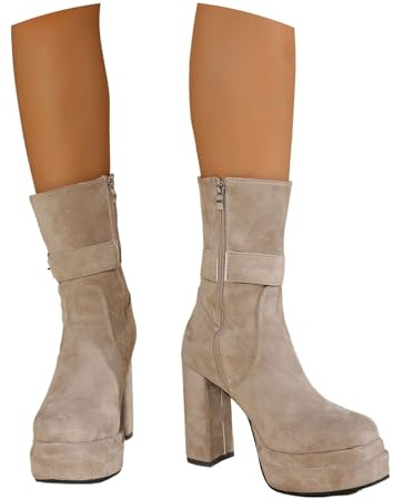 LDXEQIZ Stivaletti Chelsea da Donna Tacchi Alti in Pelle Scamosciata retrò Stivali Corti con Plateau E Cerniera Stivaletti Biker Autunno Inverno Scarpe alla Caviglia Calde E Antiscivolo(Beige,39 EU)