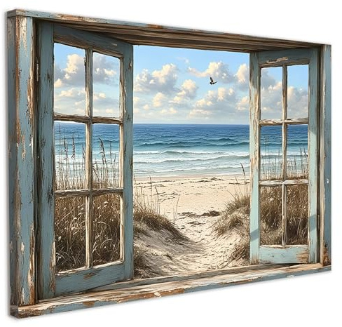 Framed Canvas Wall Art 12x16 Inch Beach Window View Artwork Rustic Wall Canvas Pictures for Living Room Bedroom Hallway and Stairs Wall Decoration Prints for Walls with Hooks Magic Tape and Nails