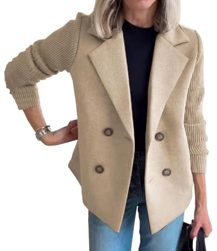Women's Lapel Button Knitted Patchwork Sleeve Casual Coat Cropped Sweater Blazer Women Patchwork Jacket Office Work Coats Khaki