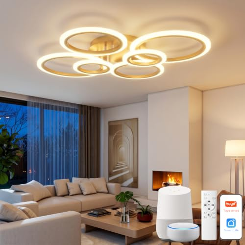 YOLEDY LED Deckenleuchte Dimmbar, Smarte Deckenlampe mit Fernbedienung & App, Kompatibel mit Alexa, Modernes 6 Ringe Design, 3000K-6500K CCT für Wohnzimmer, Schlafzimmer, Gold