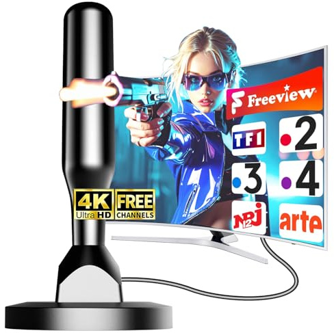 Antenne TV Intérieure Puissante 2025 – Antenne TNT HD/4K Longue Portée Jusqu’à 500 km, Réception à 360° sans Angle Mort, Câble Coaxial 5 m Inclus, Installation Facile pour Toutes Les Télévisions