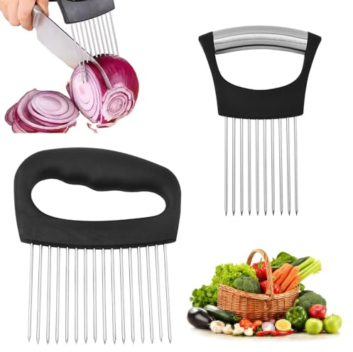 Onion Holder for Slicing, 2Pcs Stainless Steel Onion Slicer for Slicing Tomato Potato Lemon, Kitchen Cutting Guide for Safe Vegetable Slicing, Meat Tenderizer Tool Kitchen Utensil