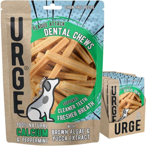 URGE Plaque Attack Daily Dental Dog Chew Treats - 8 x 100g Bags - 100% Natural Calcium, Peppermint, Brown Algae & Yucca Extract - 100% Grain Free - Supports Dental Health