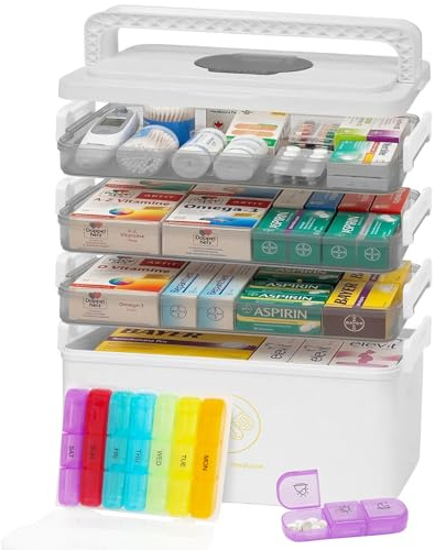 XIAPIA 4-Stöckige Medikamenten Aufbewahrung XL Medikamentenbox mit | Tragegriff & Stapelbar – Inklusive 7-Tage Regenbogen Tablettenbox, Platzsparende Erste-Hilfe-Kasten für Zuhause & Camping