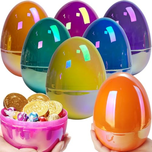 PNIOTAIN 6 Inch Jumbo Easter Eggs 6 Pack - 6 Colors Giant Fillable Plastic Easter Eggs for Easter Egg Hunt, Large Surprise Eggs, Basket Stuffers, Party Favors & Kids Prizes (6, Shimmer)
