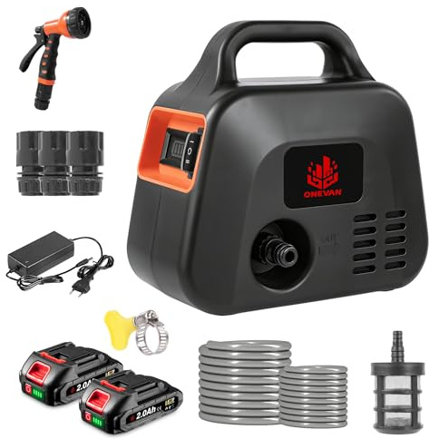 ONEVAN Pompe à Eau sur Batterie, 600L/h Pompe de Jardin sans Fil avec 2 Batteries de 2000 mAh, 2 Vitesses, Pompe arrosage électrique Inclus buse 7 en 1, Tuyau (Noir, Standard)