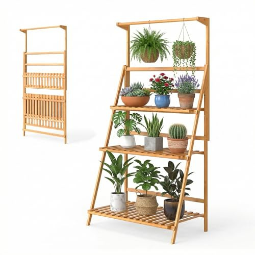 GYMAX Blumentreppe aus Holz, 3-stufig Blumenleiter mit höhenverstellbarer Aufhängestange, Pflanzenleiter, Kräuterregal, Pflanztreppe Draussen für Balkon, Fenster, Wohnzimmer, 71 x 40 x 120-144 cm