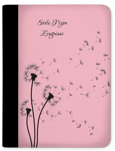 CreaDesign Zeugnismappe A4 mit Namen personalisiert – Pusteblume Rosa – für Mädchen – Dokumentenmappe Schule ohne Klarsichthüllen