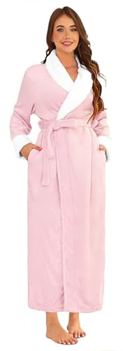 Hellomamma Batas de forro polar para mujer, largas batas de baño de felpa cálida y suave para mujer, abrigo de casa esponjoso y cómodo, Rosado, M