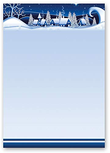 50 Blatt Briefpapier Weihnachten, Jahreszeiten - Winter WINTERDORF-BLAU - DIN A5 Format - Paper-Media