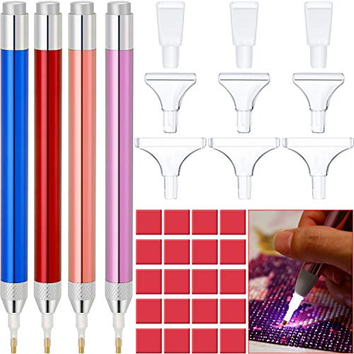 Maitys 4 Pieces LED Diamond Painting Drill Pen 5D Luminous Diamond Painting Pen Accessories with 20 Clay Glue Paint, 9 Pen Heads (Pink, Gold, Blue, Red)