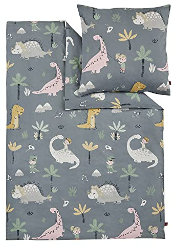s.Oliver Kinderbettwäsche Dino 100x135 cm - 100% Baumwolle, praktischer Reißverschluss & maschinenwaschbar, Bettwäsche für Kinder 2tlg. Dinosaurier grau