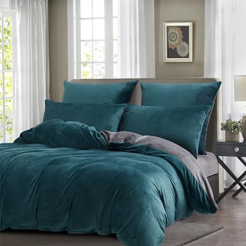 Boqingzhu Plüsch Bettwäsche 200×200cm Biber Petrol Blau Grau Flanell Winter Warm Kuschelig Flauschig Wende Bettwäsche Teddy Fleece Samt Cashmere Touch Bettbezug 200×200cm