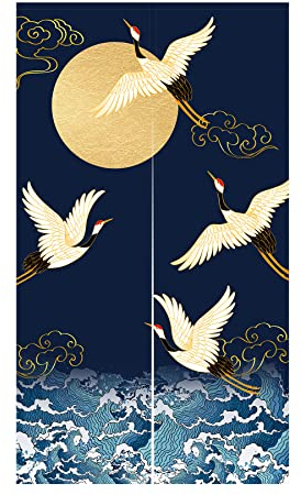 LIGICKY Noren Doorway Curtain Japanese Style Cranes Waves Gold Full Moon Printed Cotton Linen Window Treatment Door Tapestry for Home Decoration 85 x 150 cm, Navy Blue