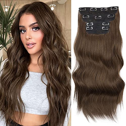 Clip in Extensions 50cm Haarverlängerung wie Echthaar Günstig Haarteil Extensions Synthetisches für Damen lang Double Weft Haarteil Vollkopf Haarverlängerung 4-Pcs Mossbraun Hellbraun Perücke wig 077C