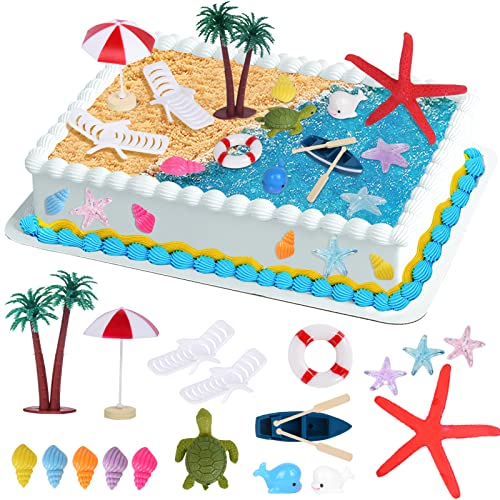 21 Piezas Decoraciones para Tarta de Playa Hawaiana, Toppers de Pastel de Palmera Verde, Decoración de Pastel de Hawaiana 3D para Cumpleaños de Tema de Playa Hawaiana Boda