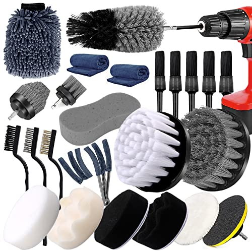 Amzeeniu Bürstenaufsatz Bohrmaschine Set,25Stück Akkuschrauber Befestigung Bürste Drill Brush,Reinigungsbürste Felgenbürste Scrubber Reinigung Kit für Felgen,Fliesen,Küche,Auto,Sofa Ecken & Grill grau