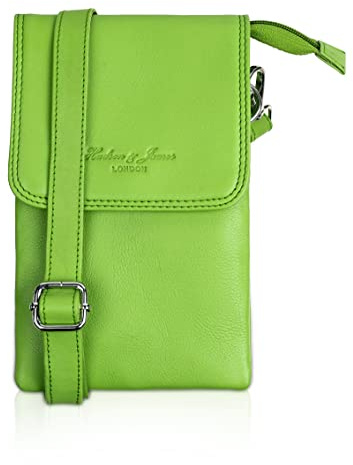 Hudson & James Borsa per telefono in vera pelle, borsa per telefono in vera pelle, piccola borsa a tracolla da donna con tracolla regolabile staccabile, Verde lime, Small
