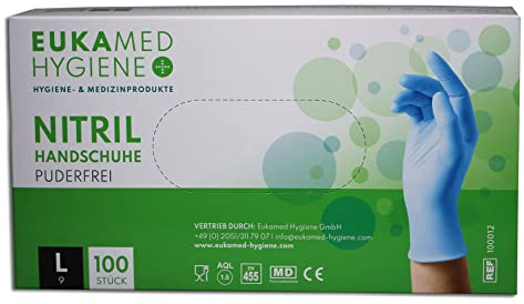 Eukamed Hygiene GmbH Nitril-Handschuhe L, 100 Stück, puderfrei, latexfrei, hypoallergen, Lebensmittelhandschuhe, medizinische Einweghandschuhe (Pack á 100 Stück)(Größe L)